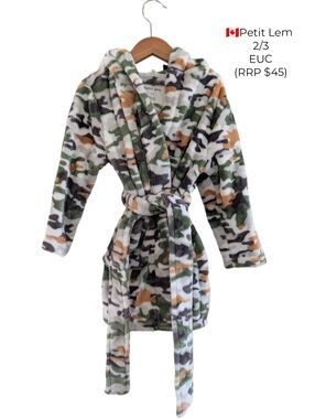 Petit Lem Camouflage Hooded Plush Robe in Green, White, Tan
